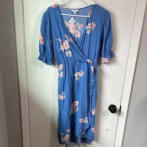 Time and Tru Blue Faux Wrap Midi Dress with Puff Sleeves